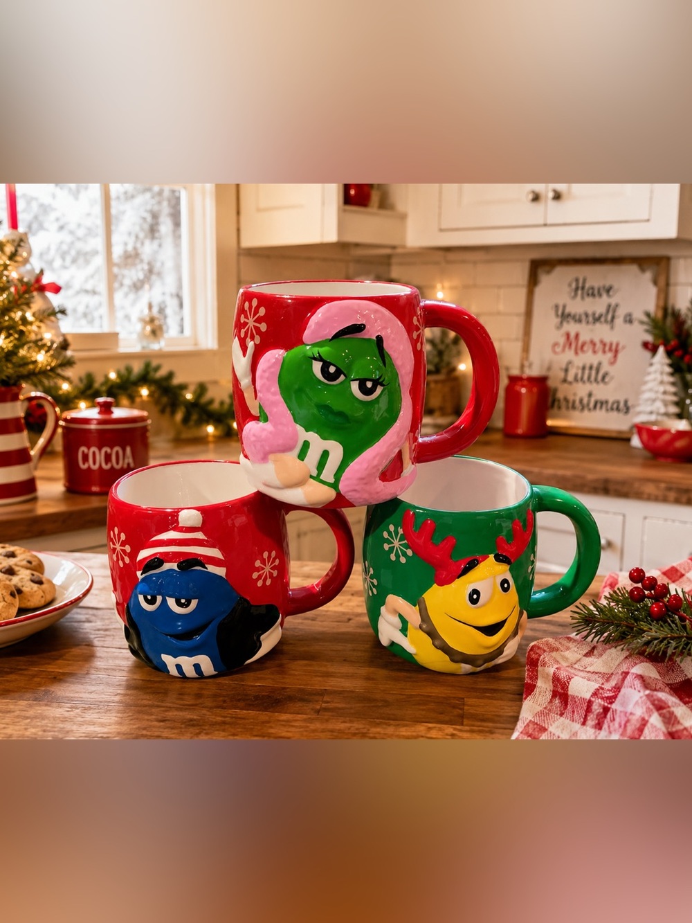 Vintage M&M's Holiday Christmas 3D Sculpted Ceramic Mug Bundle - Set of 3